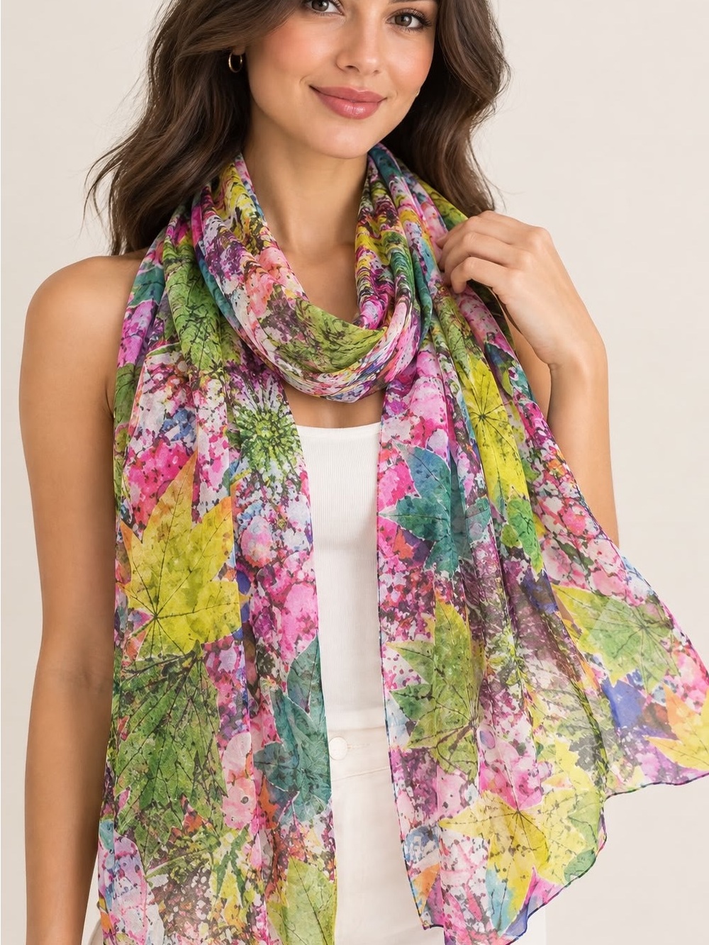 Floral Multicolor Lightweight Scarf - Vibrant Pink, Green & Blue